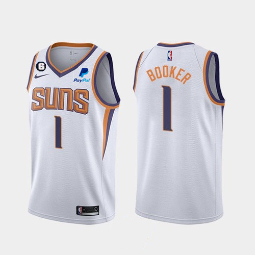 Mens Phoenix Suns #1 Devin Booker White Association Edition With NO.6 Patch Stitched Basketball Jersey->->NBA Jersey